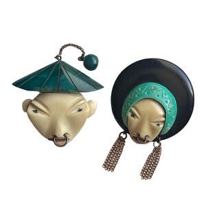 2 Very Rare Antique Bakelite Brooches Pins Asian Tribal Dangle Jewelry